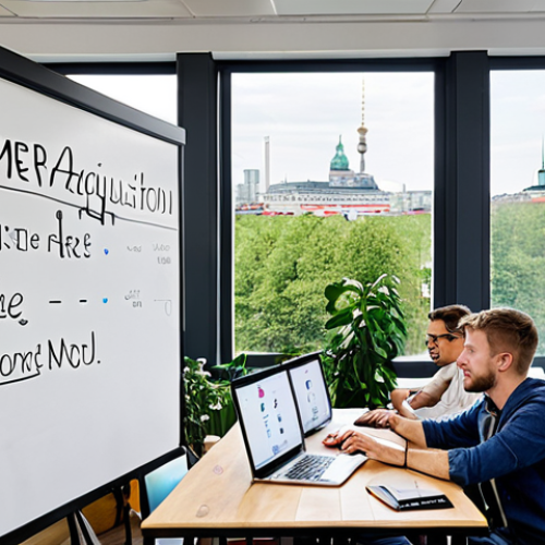 Home 6 **
A brightly lit startup office in Berlin. A diverse team collaborates around a large table covered in laptops and coffee cups. On a whiteboard, complex financial models and the words "Customer Acquisition Cost (CAC)" and "Burn Rate" are visible. In the background, large windows show the city skyline. The overall atmosphere is energetic and focused. Focus on realistic details reflecting German office culture.
**