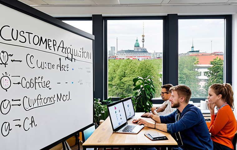 **
A brightly lit startup office in Berlin. A diverse team collaborates around a large table covered in laptops and coffee cups. On a whiteboard, complex financial models and the words "Customer Acquisition Cost (CAC)" and "Burn Rate" are visible. In the background, large windows show the city skyline. The overall atmosphere is energetic and focused. Focus on realistic details reflecting German office culture.
**