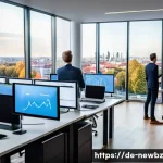 Home 22 스타트업 심사에서 주목해야 할 성과 지표 - A modern startup office scene in Berlin with a diverse team of young professionals analyzing financi...