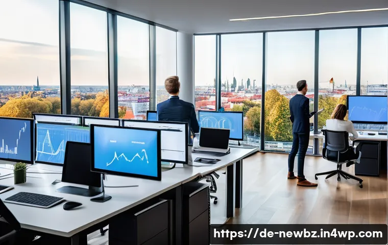 스타트업 심사에서 주목해야 할 성과 지표 - A modern startup office scene in Berlin with a diverse team of young professionals analyzing financi...