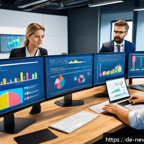 Home 32 초기 스타트업의 경쟁사 분석 방법 - A modern office scene showing a diverse team of young professionals analyzing market data on multipl...
