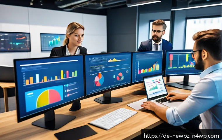 초기 스타트업의 경쟁사 분석 방법 - A modern office scene showing a diverse team of young professionals analyzing market data on multipl...